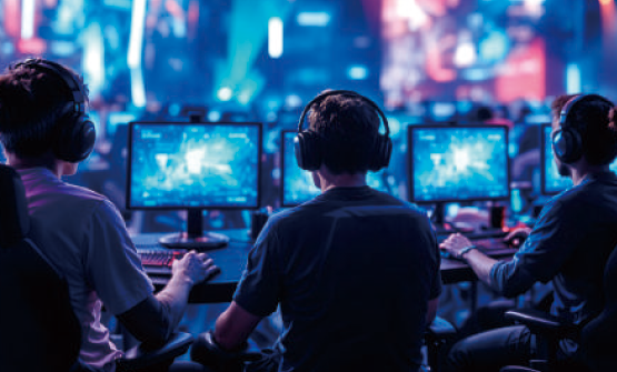 eスポーツ大会のように並んでプレーする生徒たち
